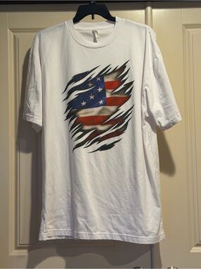 Men's White T-Shirt with American Flag Rip Graphic